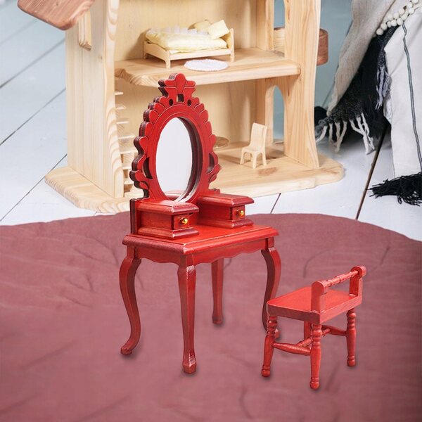 Miniatuur 1/12 toaletka-set met rode houten stoel voor poppenhuis