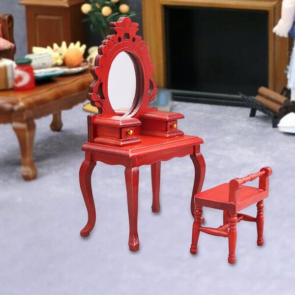 Miniatuur 1/12 toaletka-set met rode houten stoel voor poppenhuis