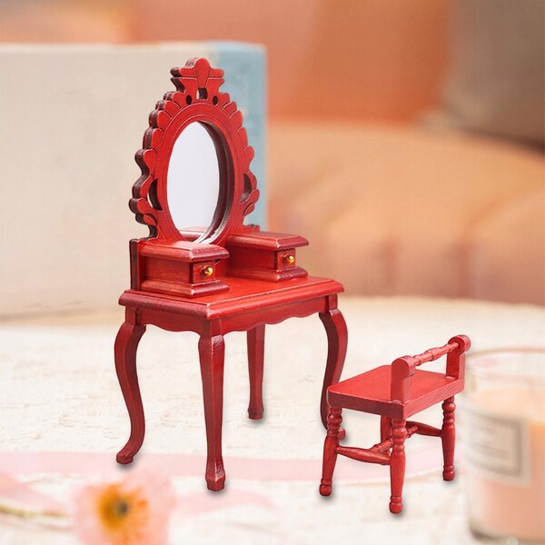 Miniatuur 1/12 toaletka-set met rode houten stoel voor poppenhuis