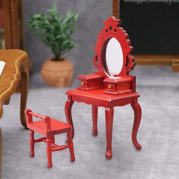 Miniatuur 1/12 toaletka-set met rode houten stoel voor poppenhuis