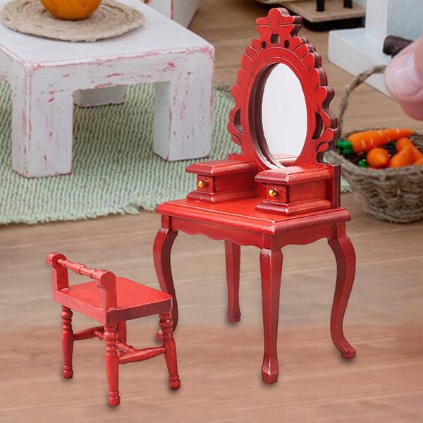 Miniatuur 1/12 toaletka-set met rode houten stoel voor poppenhuis