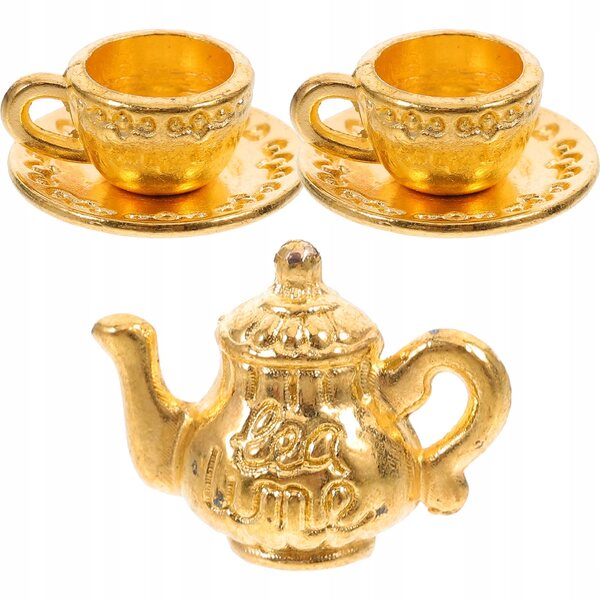 Mini set tè in metallo per casa delle bambole con piccolo bollitore e tazze