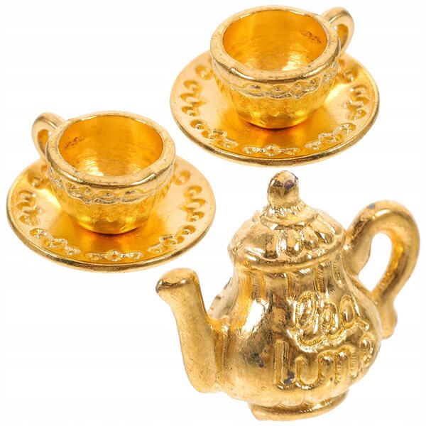 Mini set tè in metallo per casa delle bambole con piccolo bollitore e tazze
