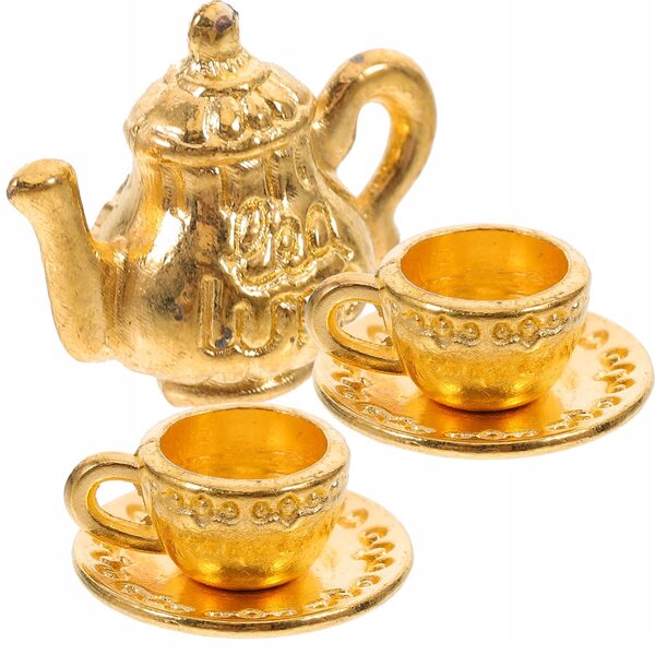 Mini set tè in metallo per casa delle bambole con piccolo bollitore e tazze