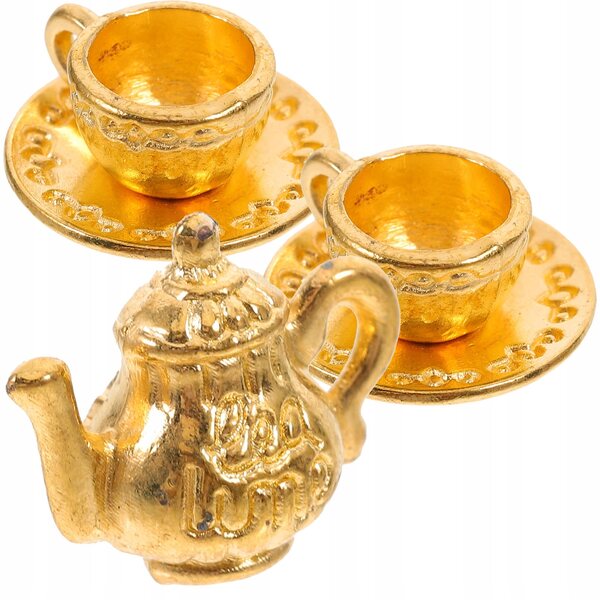 Mini set tè in metallo per casa delle bambole con piccolo bollitore e tazze