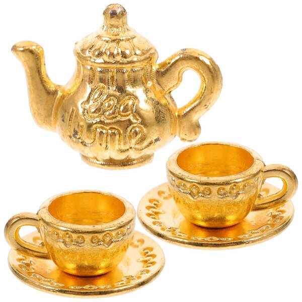 Mini set tè in metallo per casa delle bambole con piccolo bollitore e tazze