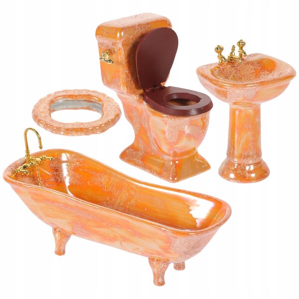 Set Mini Bagno in Ceramica Arancione per Casa delle Bambole, Accessori Realistici