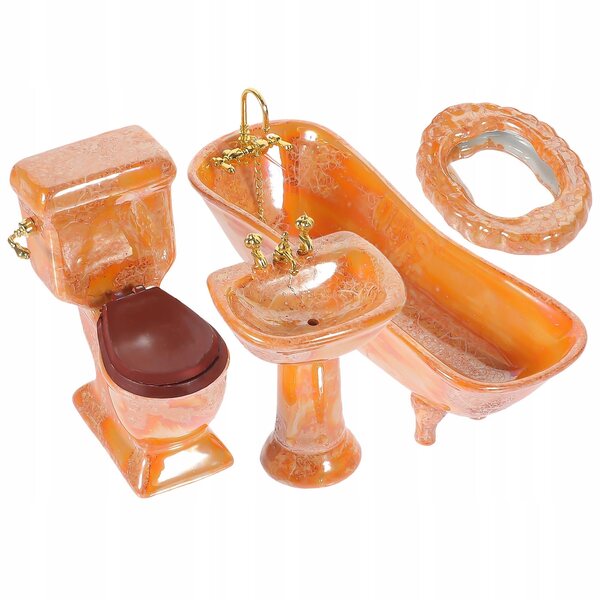 Set Mini Bagno in Ceramica Arancione per Casa delle Bambole, Accessori Realistici