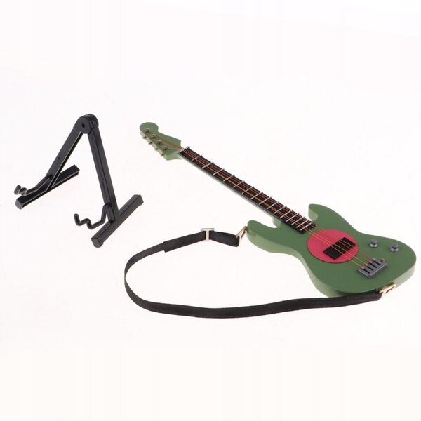 Miniatura chitarra elettrica basso in legno 1/6 con supporto per bambole