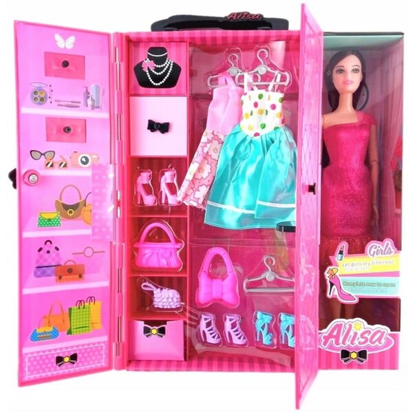 Giochi per Bambine: Armadio con Bambola, Vestiti, Scarpe e Accessori 32x18cm