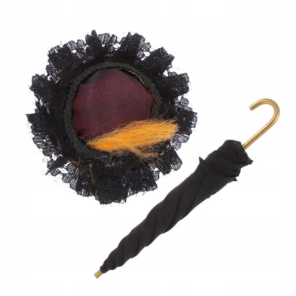 Mini ombrello e cappello decorativi in legno per casa delle bambole neri