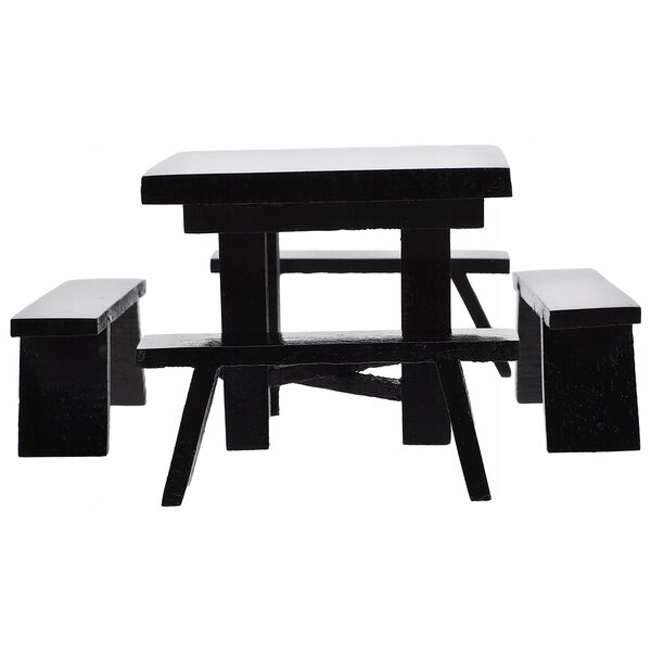 Mini zwarte houten tafel en stoelen voor poppenhuis, realistisch en resistent