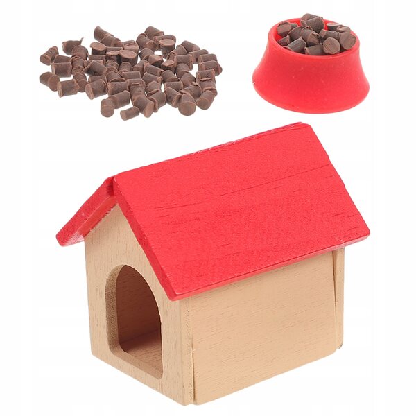 Miniatura casetta cane in legno rossa con ciotola accessorio per casa delle bambole