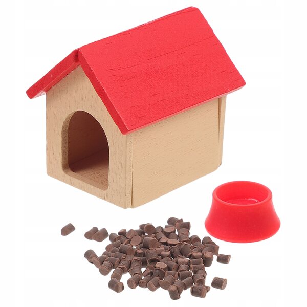 Miniatura casetta cane in legno rossa con ciotola accessorio per casa delle bambole