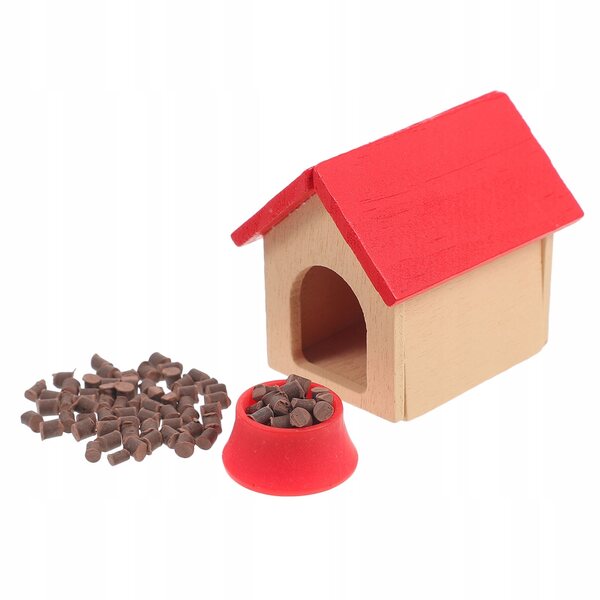 Miniatura casetta cane in legno rossa con ciotola accessorio per casa delle bambole