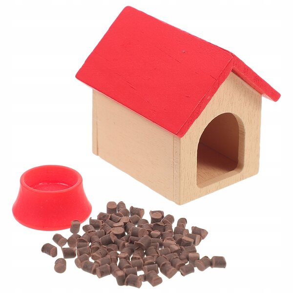 Miniatura casetta cane in legno rossa con ciotola accessorio per casa delle bambole
