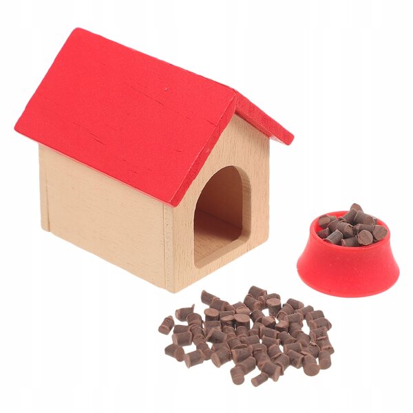 Miniatura casetta cane in legno rossa con ciotola accessorio per casa delle bambole