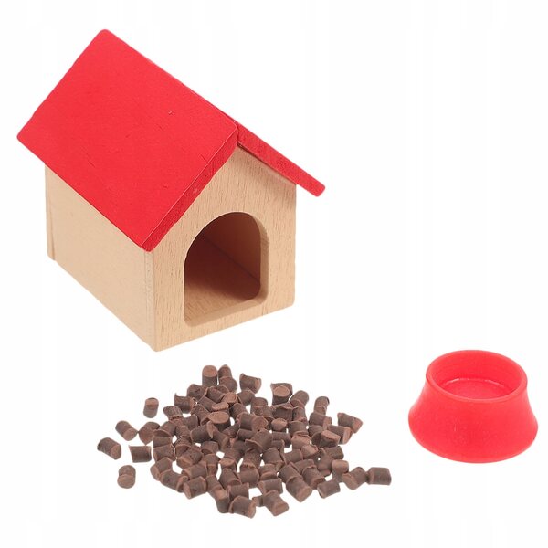 Miniatura casetta cane in legno rossa con ciotola accessorio per casa delle bambole