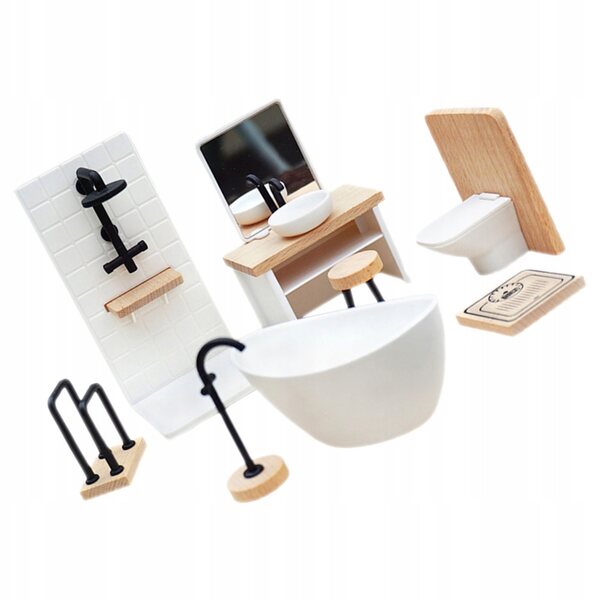 Badezimmerminiatur für Puppenhäuser aus Holz und Kunststoff, Maßstab 1:12