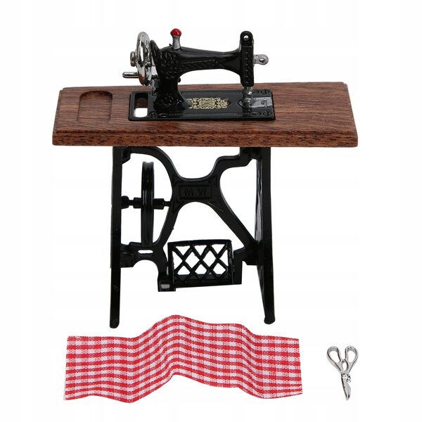 1:12 Vintage Mini-Nähmaschine für Puppenhaus – Holzdekoration