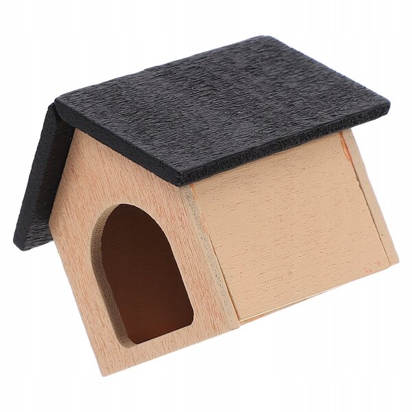 Miniature sort hundehus i træ til dukkehus dekoration