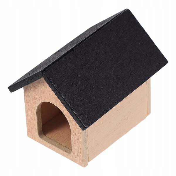 Miniature sort hundehus i træ til dukkehus dekoration