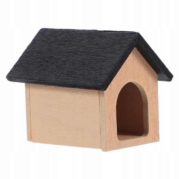 Miniature sort hundehus i træ til dukkehus dekoration