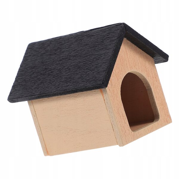 Miniature sort hundehus i træ til dukkehus dekoration