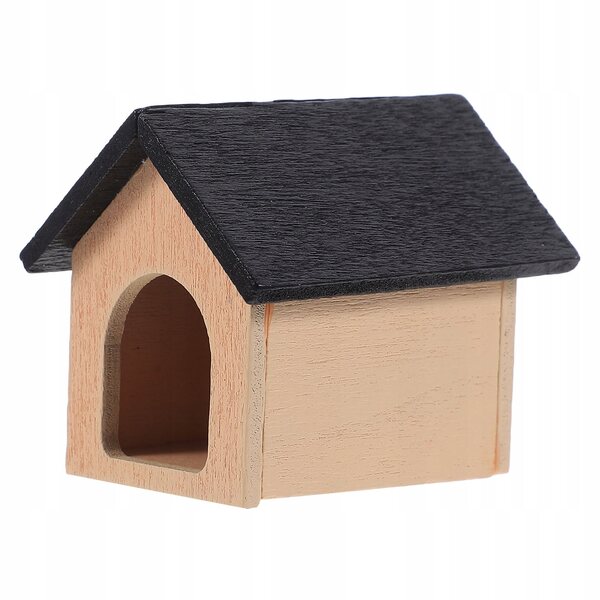 Miniature sort hundehus i træ til dukkehus dekoration