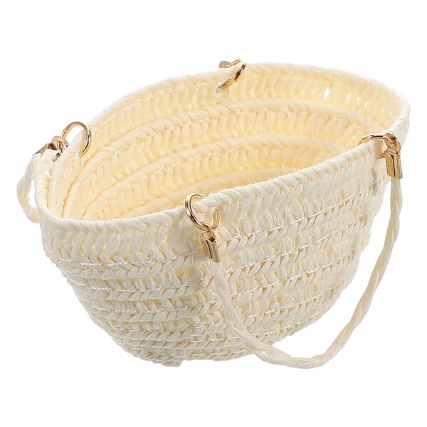 Mini borsa in paglia intrecciata a mano per casa delle bambole stile boho bianca
