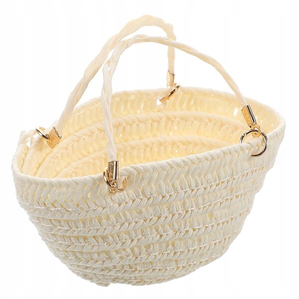 Mini borsa in paglia intrecciata a mano per casa delle bambole stile boho bianca