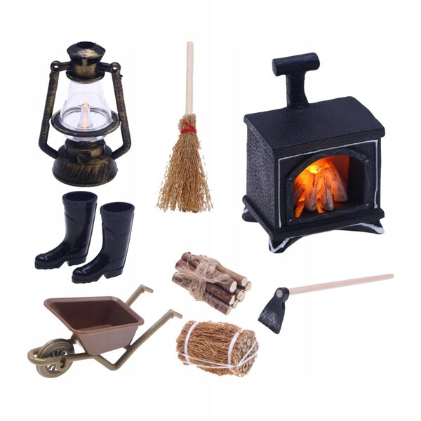 Kominek miniature per casa delle bambole con lampione illuminato e decorazioni 1:12