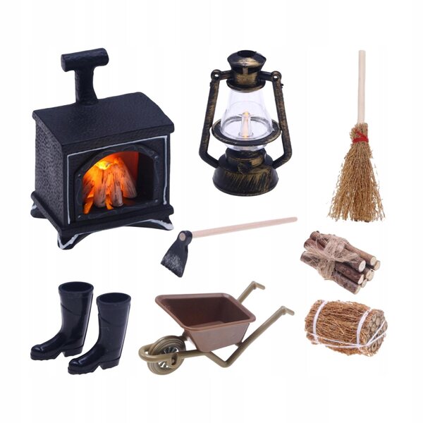 Kominek miniature per casa delle bambole con lampione illuminato e decorazioni 1:12