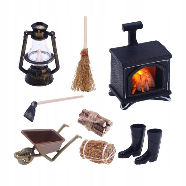 Kominek miniature per casa delle bambole con lampione illuminato e decorazioni 1:12