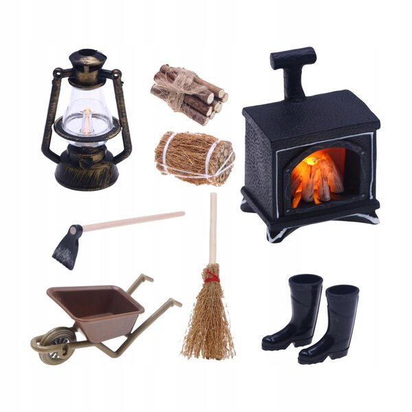 Kominek miniature per casa delle bambole con lampione illuminato e decorazioni 1:12