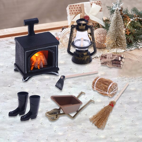 Kominek miniature per casa delle bambole con lampione illuminato e decorazioni 1:12