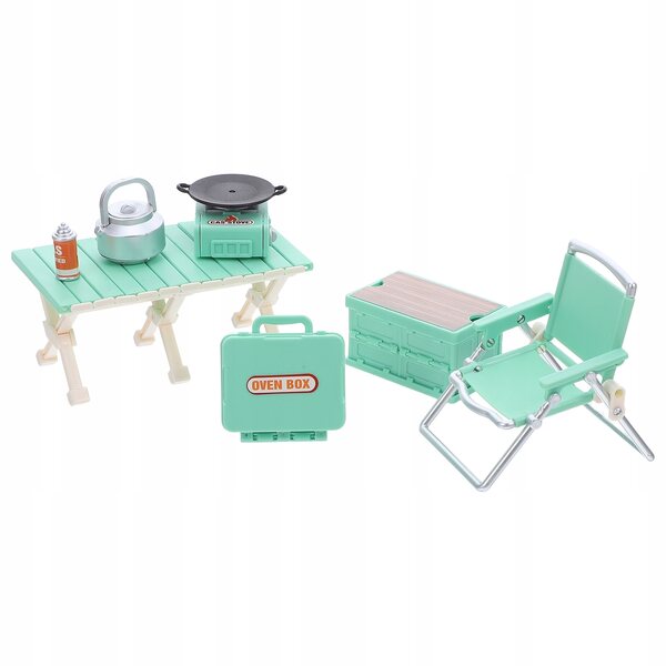 Grünes Puppenhaus-Miniatur-Campingmöbel-Set mit Tisch und Stühlen