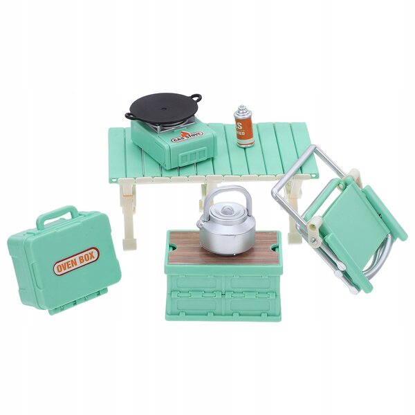 Grünes Puppenhaus-Miniatur-Campingmöbel-Set mit Tisch und Stühlen