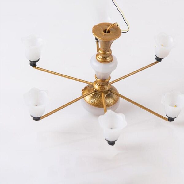 Miniatura Lampadario Dorato con Luce Calda per Casa delle Bambole 8,2x4,5 cm