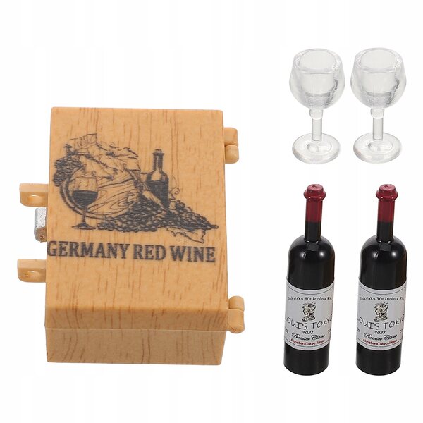 Set Miniatura Casa Delle Bambole Vino e Bicchieri in Legno Realistici
