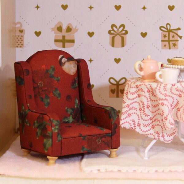 Miniatura divano 1:12 in tessuto rosso per casa delle bambole vintage