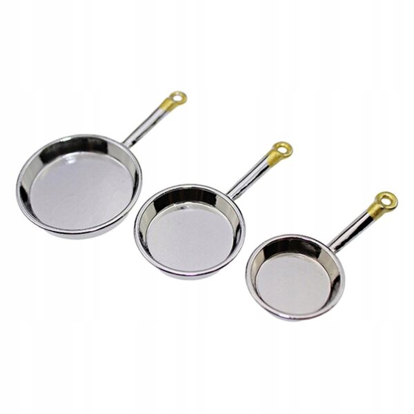 Set 3 padelle miniatura in lega per casa delle bambole scala 1:12 argento