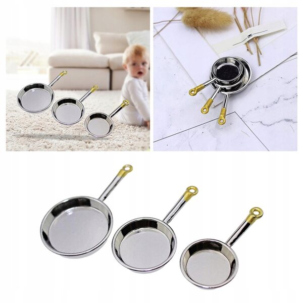 Set 3 padelle miniatura in lega per casa delle bambole scala 1:12 argento