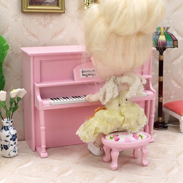 Miniatura pianoforte con sedia in legno per casa delle bambole scala 1:12