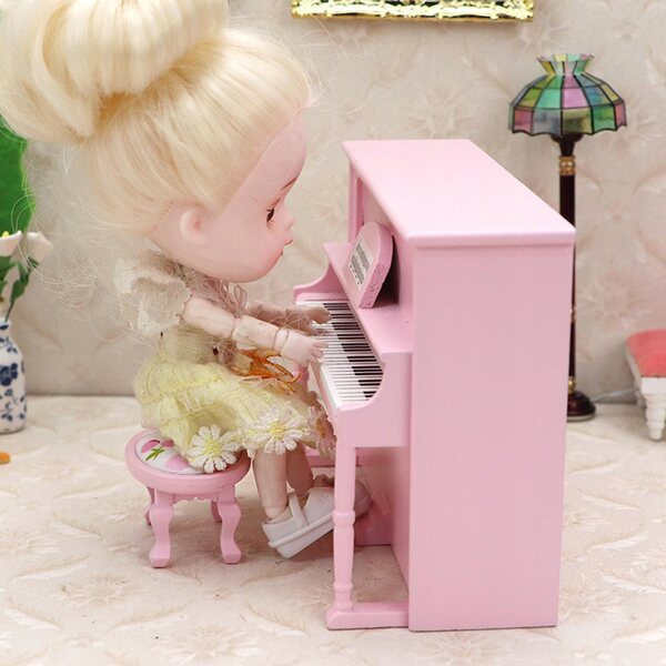 Miniatura pianoforte con sedia in legno per casa delle bambole scala 1:12