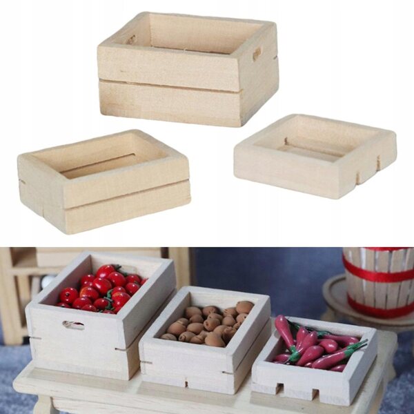 Set 3 Miniature Scatole in Legno per Cucina Casa delle Bambole 1:12