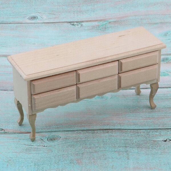 Miniatura tavolo con cassetti in legno non verniciato per casa delle bambole 1:12