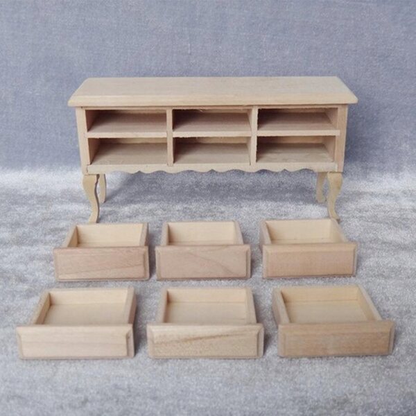 Miniatura tavolo con cassetti in legno non verniciato per casa delle bambole 1:12