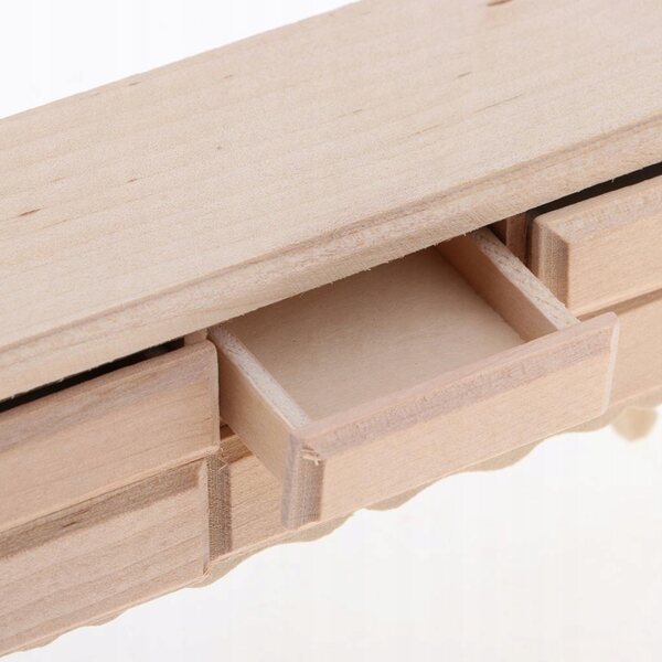 Miniatura tavolo con cassetti in legno non verniciato per casa delle bambole 1:12