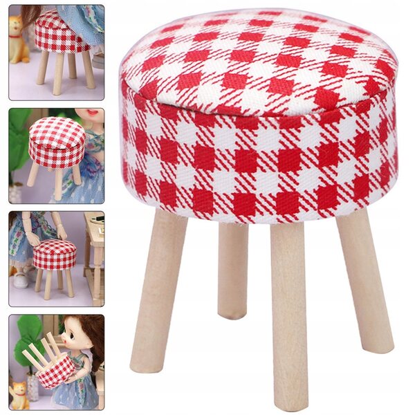 Mini Sgabello Decorativo Rosso in Tessuto e Legno per Casa delle Bambole